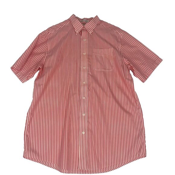 LL Bean Button Up Shirt Mens Size L Tall Pink Striped Short Sleeve 100% Cotton - Picture 1 of 13